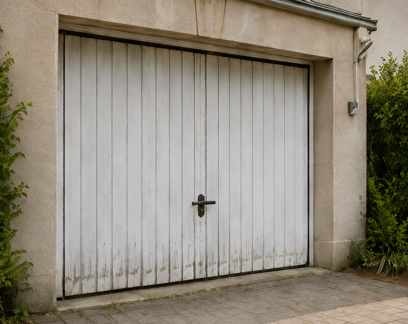 Ancienne porte de garage blanche présentant des traces d’usure en partie basse