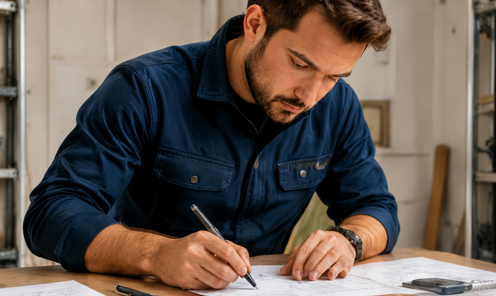 Installateur préparant les plans techniques avant la pose d’une porte de garage
