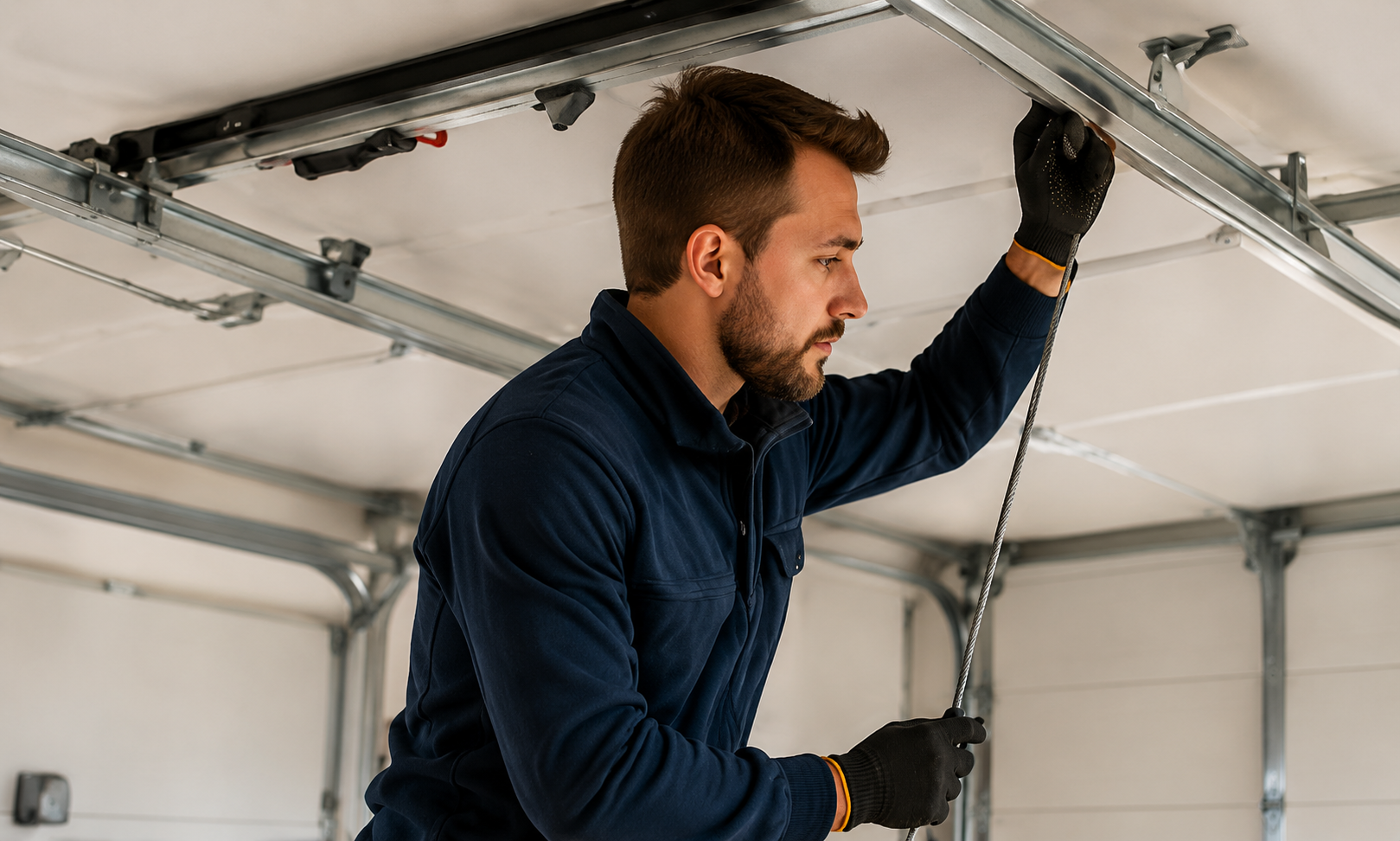 Professionnel ajustant le câble de tension d’une porte de garage sectionnelle