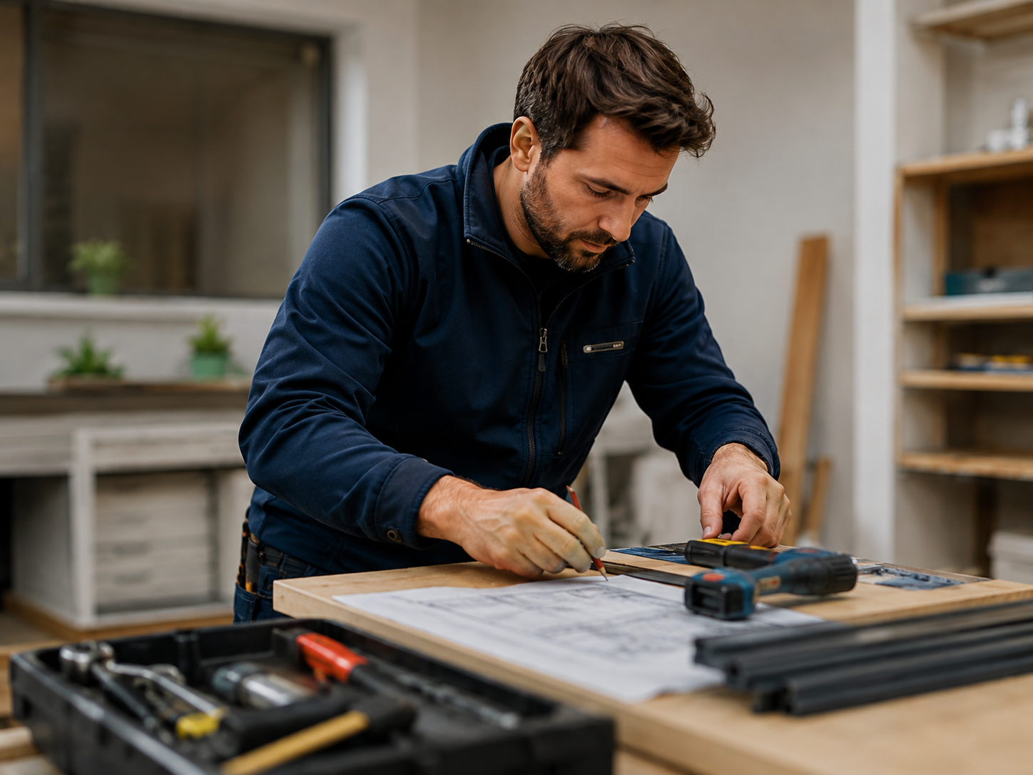 Installateur préparant les outils et les plans nécessaires à la pose de volets